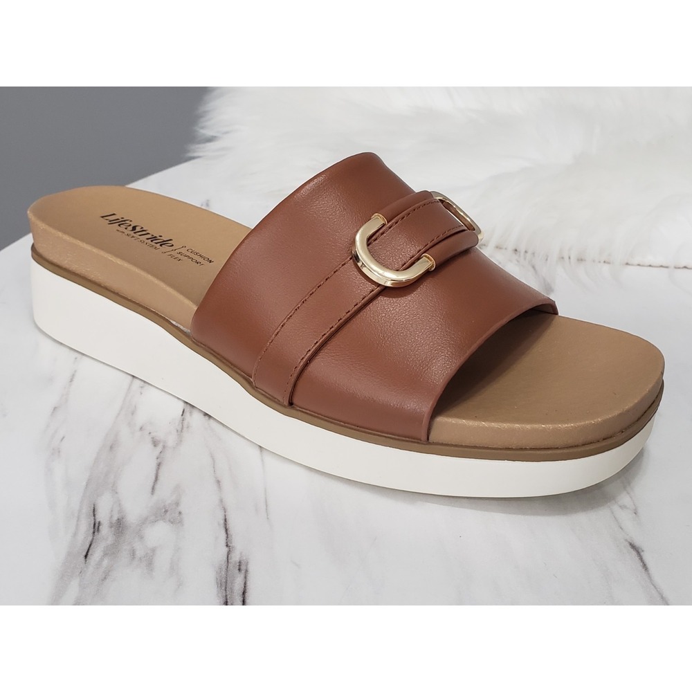 NEW NO BOX Lifestride Women's Genevieve Flat Sandal BROWN GOLD slip on slides‎